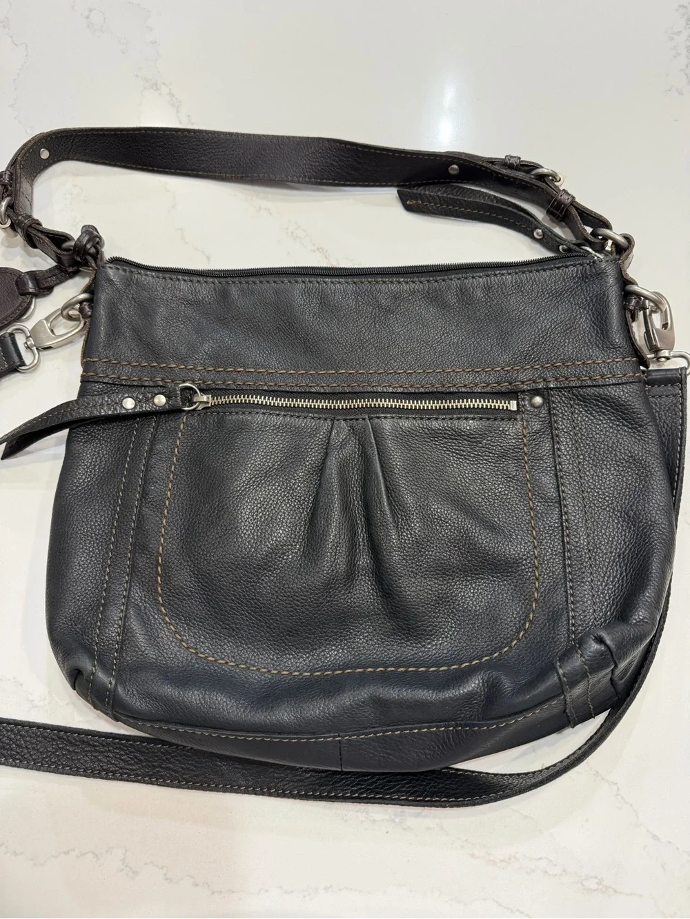 Fossil Black Pebbled Leather Shoulder Bag with Removable Strap